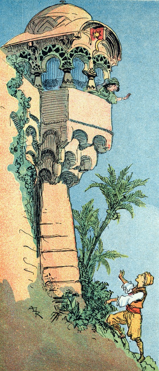 Aladin najde svůj palác a svou ženu Ilustrace Alberta Robidy (1848-1926) k pohádce „Aladin a nádherná lampa“ v „“les mille et une nuits““ v „Knize tisíce jedné noci aneb“ Arabské noci “ od Albert Robida