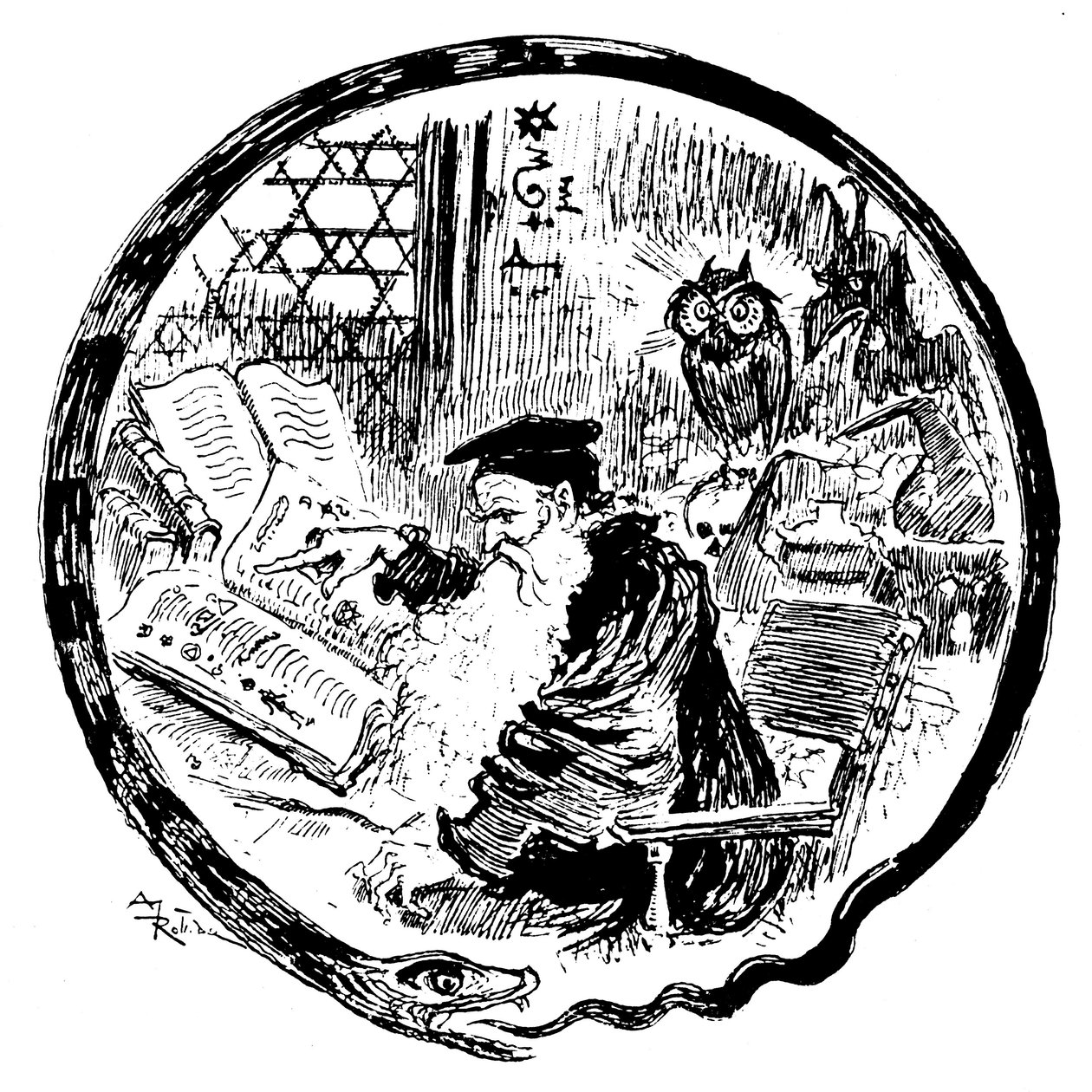Alchymista konzultující své grimoáry (magicko - kabalistické formule) pod očima sovy a démona - rám obrazu je tvarován hadem kousajícím se do ocasu - Lettrina tvořící písmeno O - ilustrace Albert Robida (1848-1926) pro kapitola h od Albert Robida