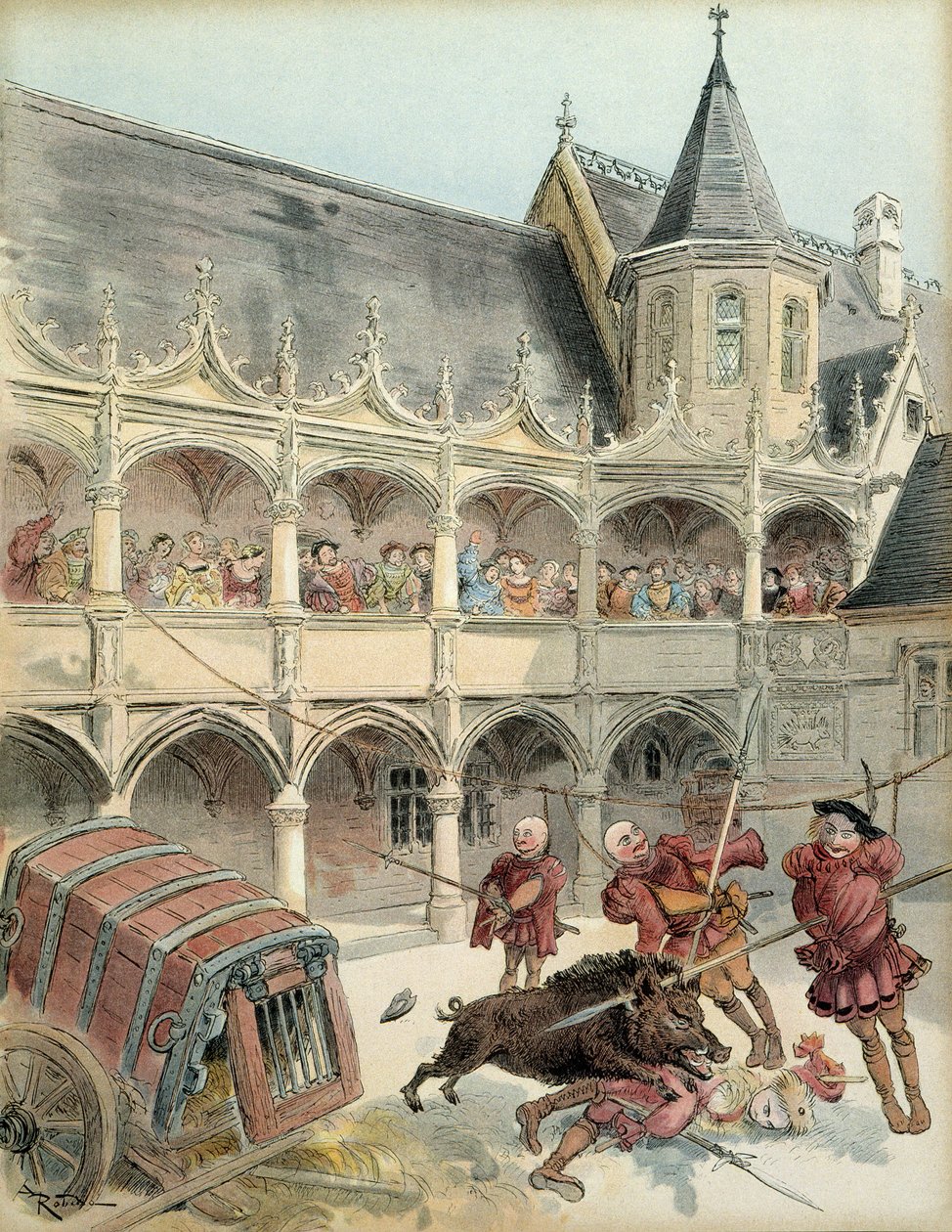 Kanec Amboise. Během oslav po budoucnosti krále Františka I. (1494-1547) v roce 1515 volně puštěný kanec na nádvoří zámku d