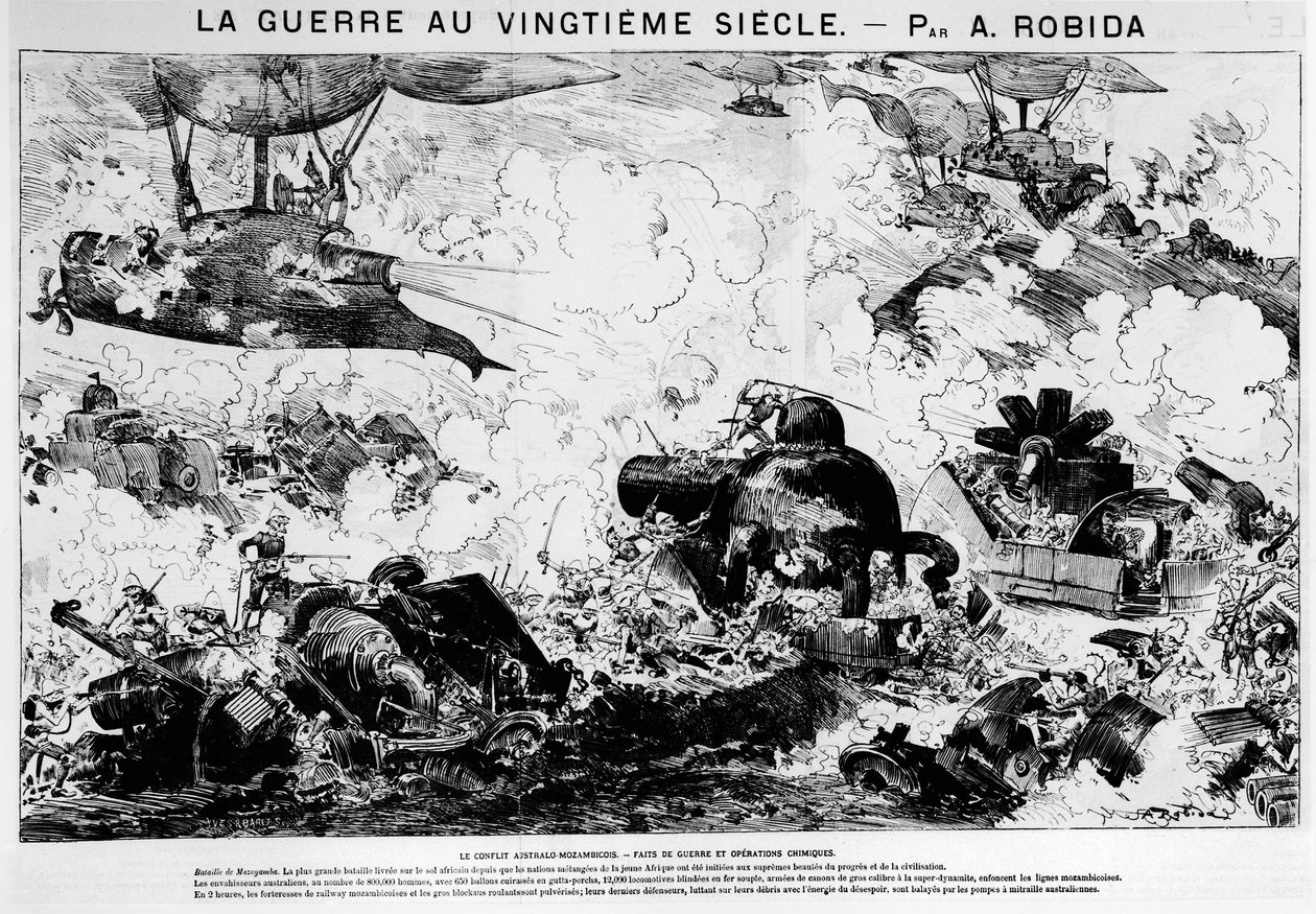 Očekávání: Bitva u Mazayamby: australsko-mozambický konflikt, válka a chemické operace – ve „Válka ve 20. století““ od A. Robidy od Albert Robida