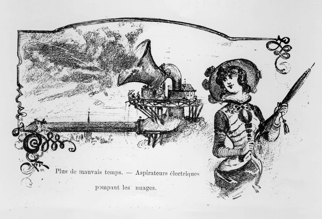 Očekávání: elektrické vysavače čerpající mraky, aby se vyhnuly špatnému počasí – v „“20. století““ od A. Robidy od Albert Robida