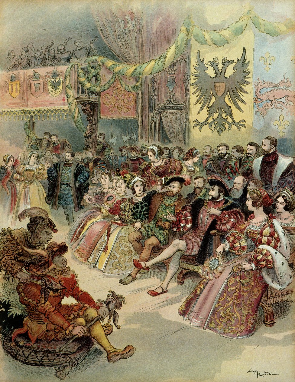 Bal na dvoře francouzského krále Františka I. (1494-1547) za přítomnosti španělského krále Karla V. (1500-1558) a germánského císaře Svaté říše římské na zámku Fontainebleau v roce 1539. Ilustrace od Albert Robida
