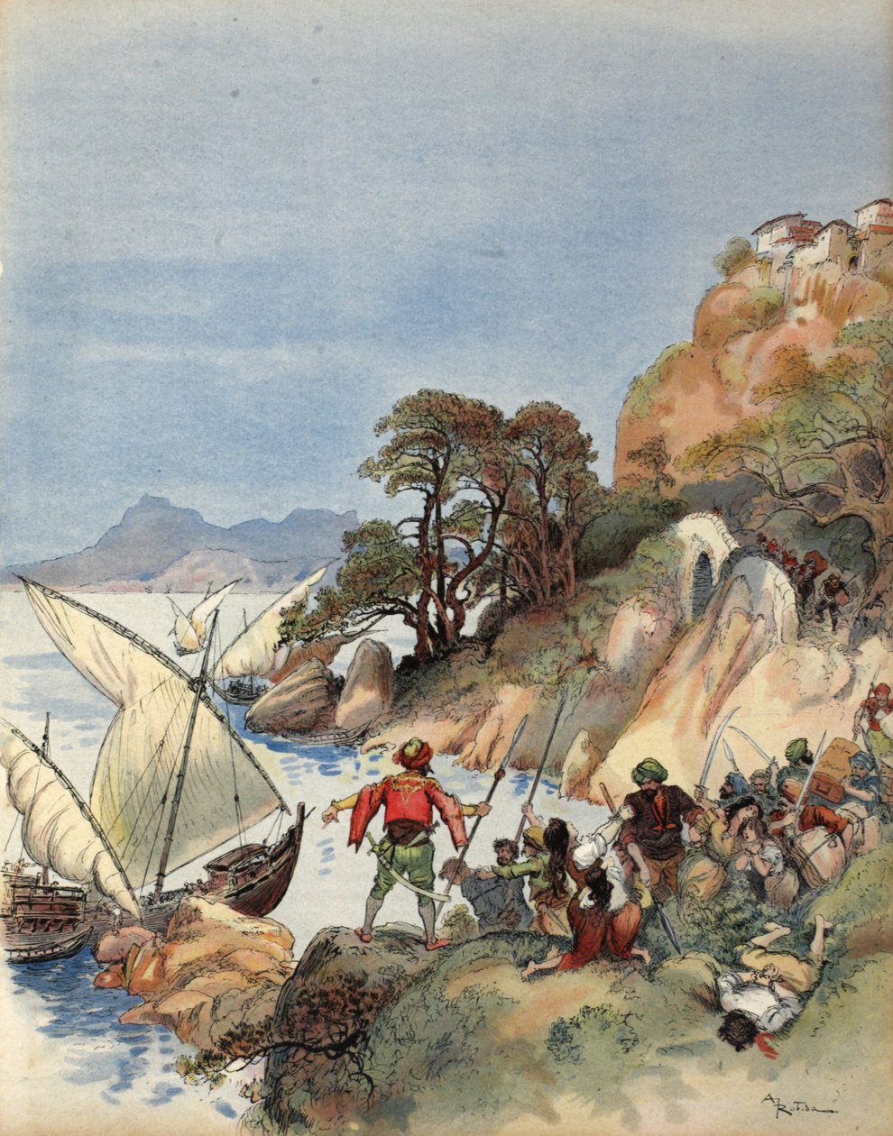 Barbarští piráti terorizující pobřeží Středozemního moře, unášející obyvatele, aby je prodali jako otroci, ilustrace z 