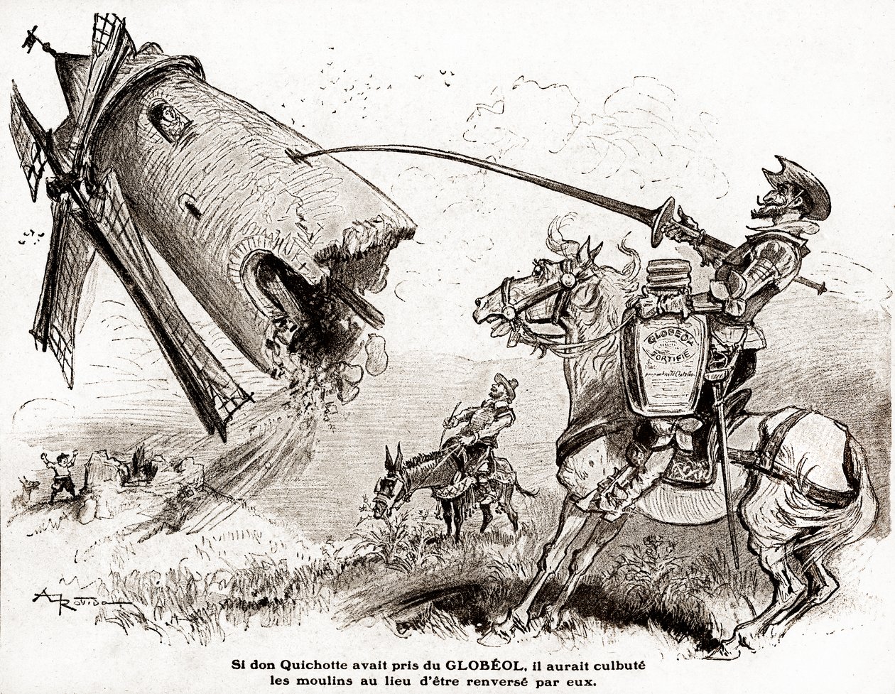 Don Quijote pro reklamu na opevnění Globeol, kolem roku 1916 (ilustrace) od Albert Robida