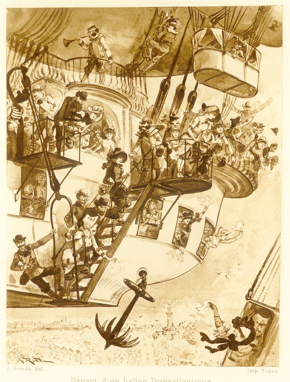 Odlet transatlantického balónu z Le Vingtieme Siecle, hospoda. 1883 litografie, 1883. od Albert Robida