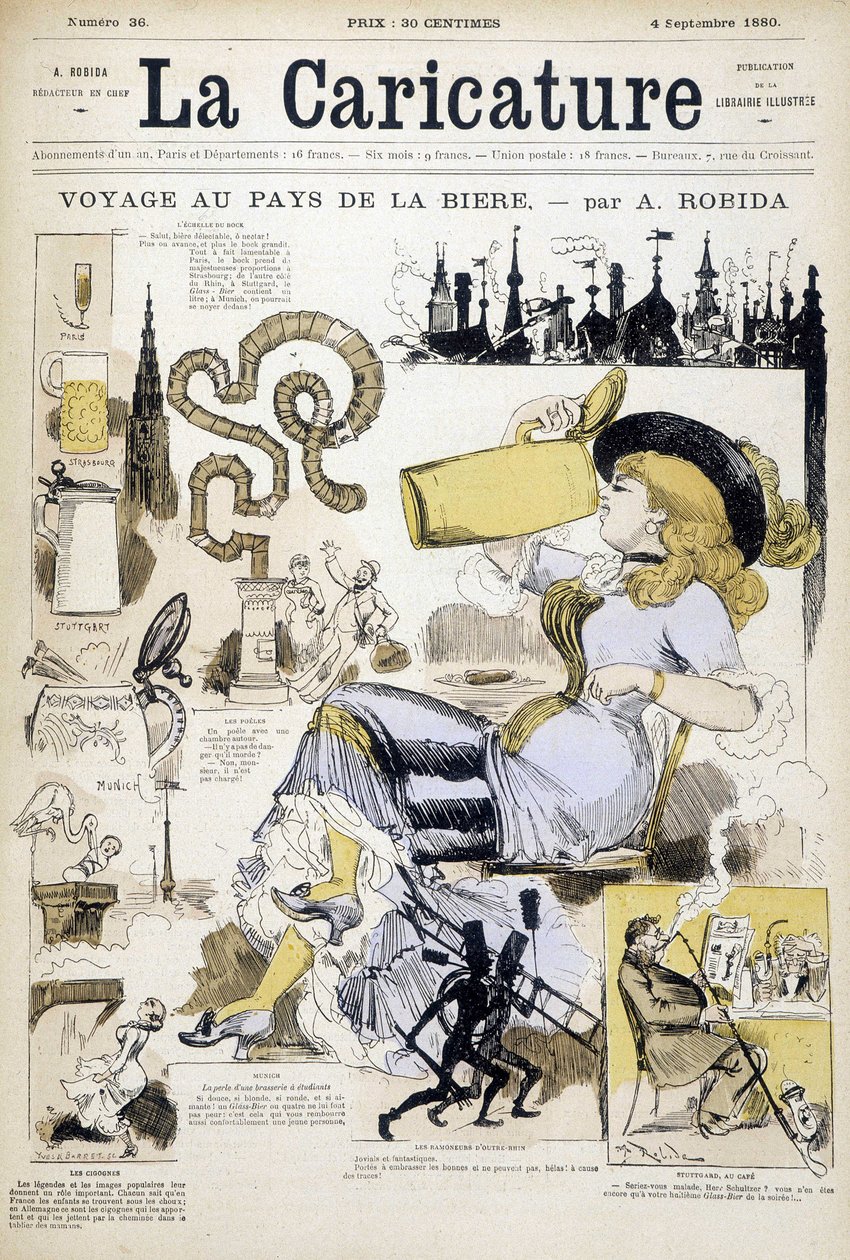 Střih se ženou popíjející půllitr od Robida - couv. v "" La caricature""" z 9.4.1880. od Albert Robida