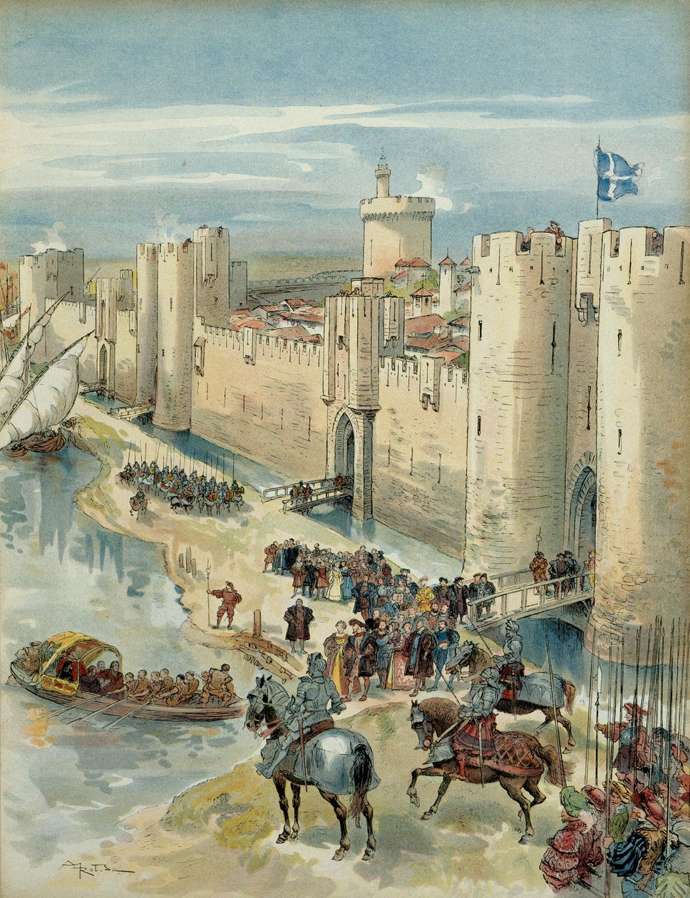 Osmá italská válka (1536-1538): rozhovor s Aigues Mortes (nebo treve z Aigues Mortes) dne 14. července 1538, setkání mezi Francoisem I. (1494-1547), králem Francie a Karlem V. (1500-1558), králem Španělska a císař Svaté říše římské germánský. Illustrat od Albert Robida