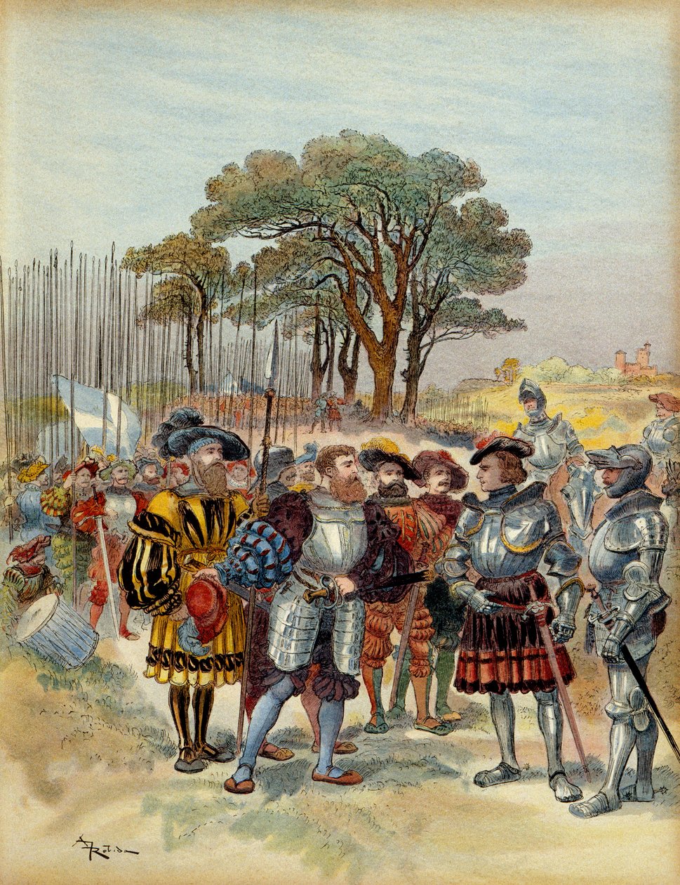 Pátá italská válka (1515-1516): v táboře ustoupil z Bicocca (bicoque) před Milánem (Itálie), v roce 1516 Švýcaři požadovali výplatu, conge nebo bitvu, Odet de Foix, vikomt de Lautrec, marechal Francie (1485-1528) je nemohl zaplatit. Ilustrace od Albert Robida
