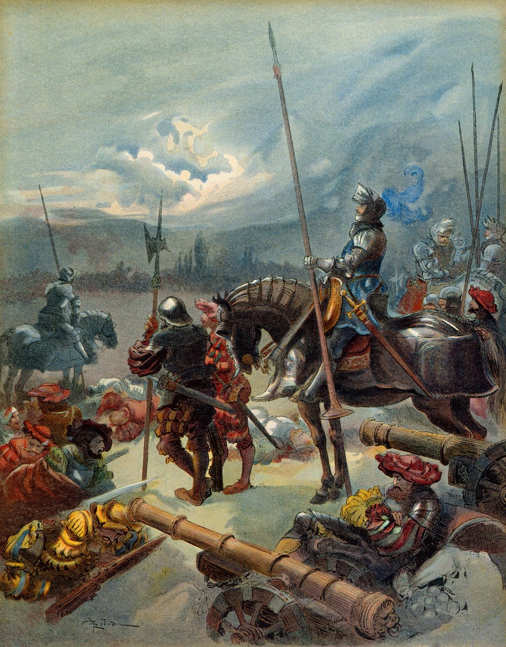 Pátá italská válka (1515-1516): noc Marignan (Itálie), mezi 13. a 14. zářím 1515. Ilustrace od Albert Robida
