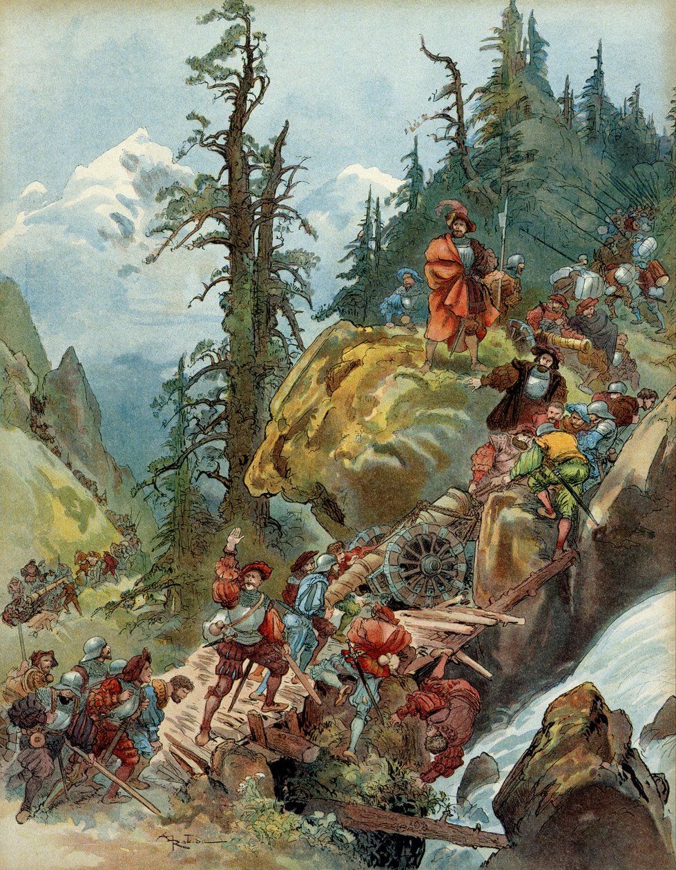 Pátá italská válka (1515-1516): průjezd Alpami v srpnu 1515, průsmykem Larche, armády Františka I. (1494-1547) na cestě do Itálie. Ilustrace od Albert Robida