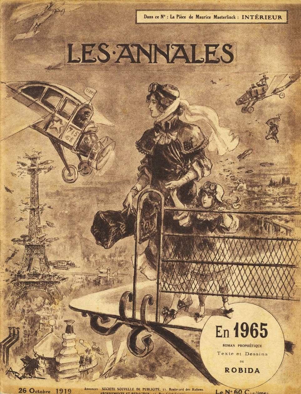 První vydání prorockého románu „En 1965“ od Alberta Robidy (1848-1926) v roce 1919 v časopise „Annales Politiques et Litteraires“ – Paříž trpí dopravní zácpou... na obloze! Samolétající (samolétající) a taxi letadla (letadlo od Albert Robida