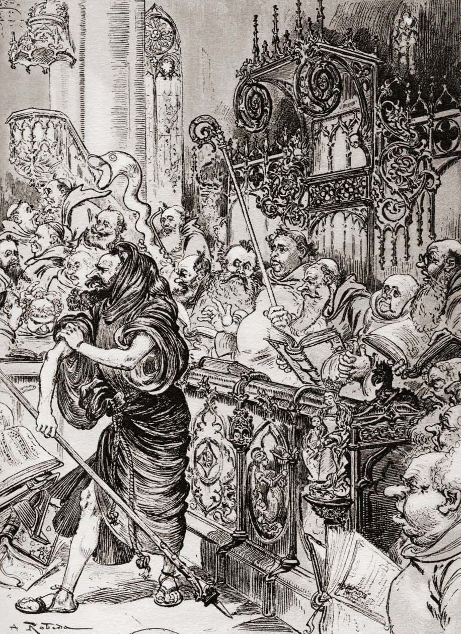 Bratr Jean des Entommeures se zmocňuje bašty kříže nebo mnich John des Entommeures se zmocňuje křížové hole. od Albert Robida