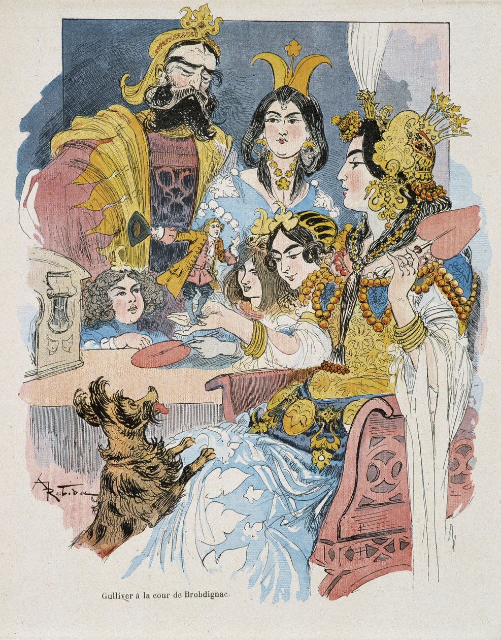 Gulliver u soudu Brobdignac - v "" Gulliver Voyages "" od Swifta, ill. od Robida od Albert Robida