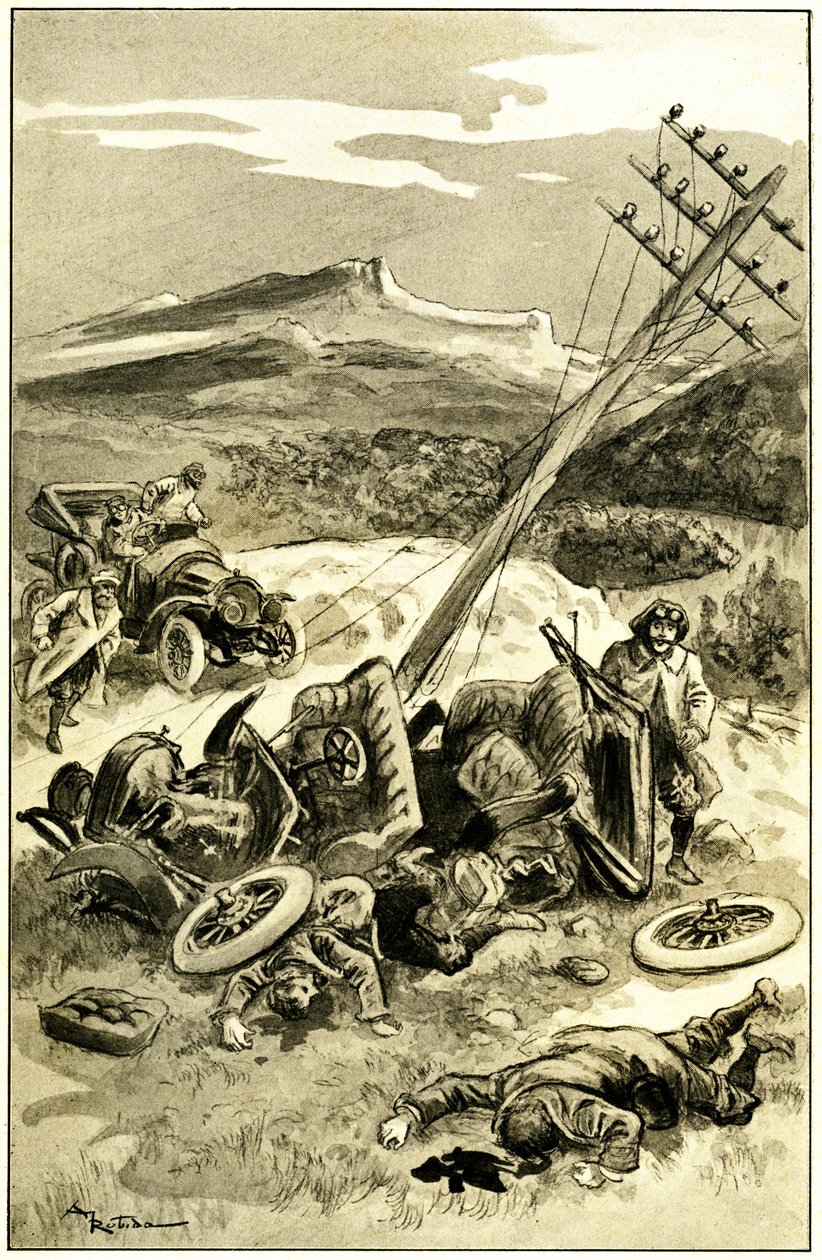 Ilustrace Alberta Robidy (1848-1926) pro knihu Leona Berthaulta „“ Le record du tour du monde “, vydání Mame ze začátku 20. století (1911) - dopravní nehoda kolem roku 1900: auto narazilo do sloupu telegrafického vedení. Vysunutí cestující jsou zraněni - od Albert Robida