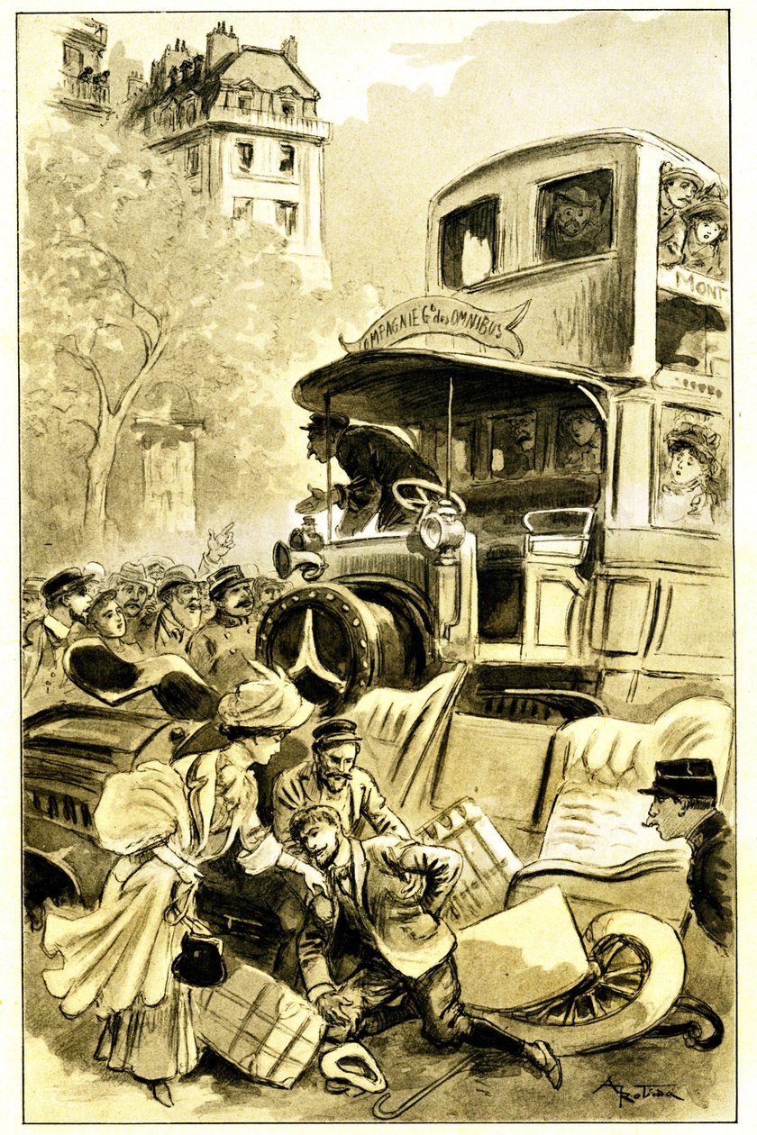 Ilustrace Albert Robida (1848-1926) ke knize Leona Berthaulta „Le record du tour du monde“, edice Mame debut 20. století (1911) - dopravní nehoda v Paříži kolem roku 1900: auto sražené omnibusem. Řidič je zraněn - od Albert Robida