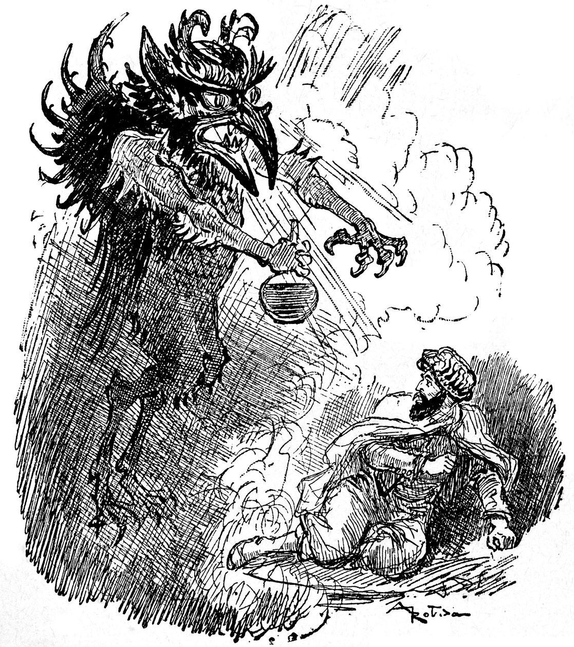 Ilustrace Albert Robida (1848-1926) arabské legendy (1001 nocí) (Příběhy tisíce a jedné noci): hrozný démon (zlý džin) obdaruje muže lahví vína. rytina knihy „Choix de lektors““ Armand Colin 1926. od Albert Robida