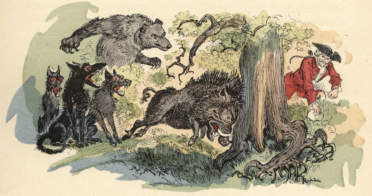 Ilustrace Albert Robida v „“Historie a dobrodružství barona de Munchausen“ (Munchhausen), H. Laurens Ed., konec 19. století.““ od Albert Robida