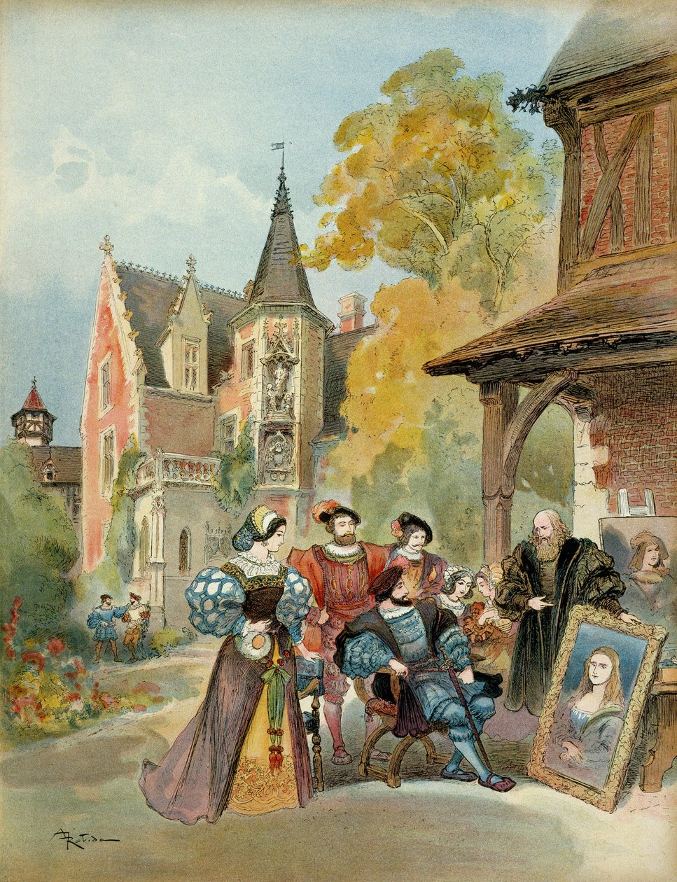 Král Francois I (1494-1547) kupuje Monu Lisu Leonardu de Vinci (Leonardo da Vinci) (1452-1519), v blízkosti královského hradu Amboise, mezi 1516 a 1519. Ilustrace od Albert Robida