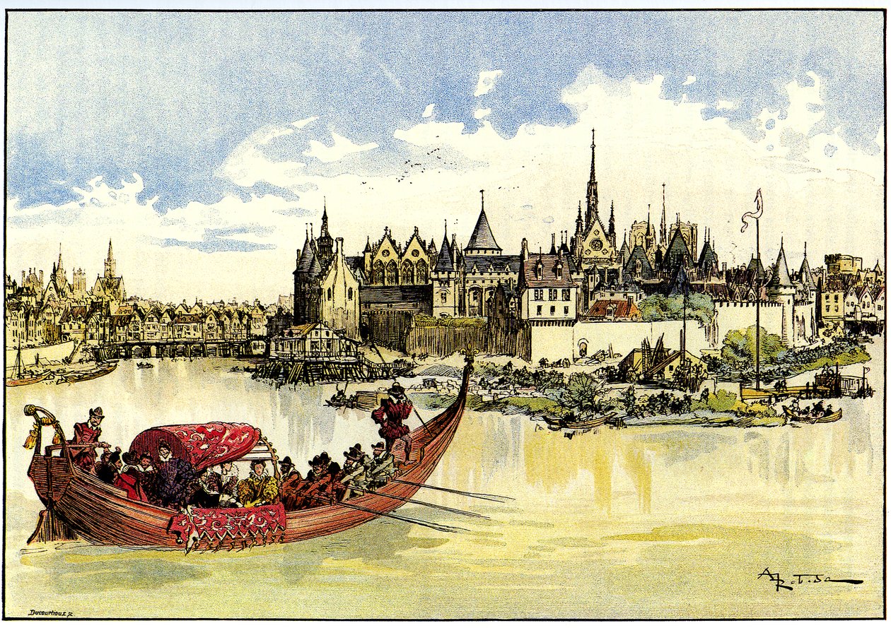 Král Jindřich III. na lodi při pokládání prvního kamene mostu Pont Neuf přes Seinu v Paříži, 31. května. od Albert Robida