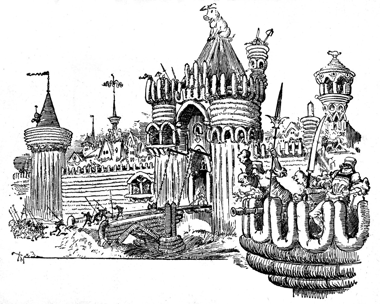 La Cite des Angouiles. Městské hradby jsou z kusů uzenin (klobása, pudink), na střeše věže vstupní brány sedí obrovské prase. Ilustrace Albert Robida (1848-1926) k epizodě Fourth Livre od Francoise Rabelaise - L od Albert Robida