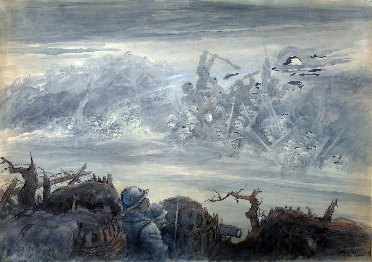 Le combat des ombres: poilus dans une tranchee představující si útok přízračných vojáků od Albert Robida