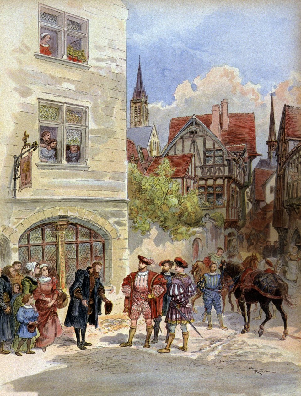 Literatura. Tiskař Robert Estienne přijímá krále Francoise 1er ve své tiskárně v Paříži. Ilustrace A. Robida v: Francois 1er, od A. Todouze, Francie od Albert Robida