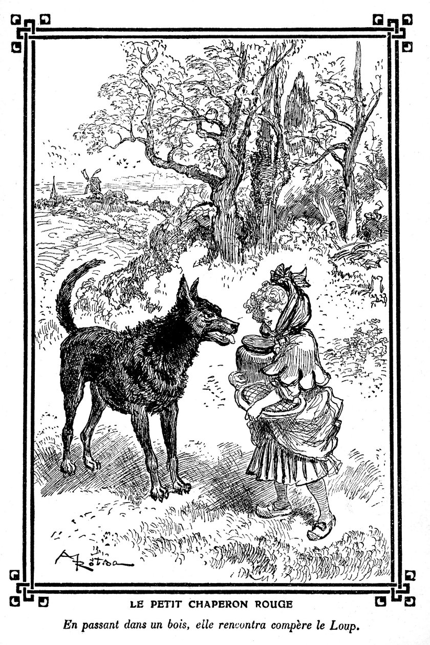 Červená karkulka se svou dózou na dort a máslo potkává vlka. Kresba Alberta Robidy (1848-1926) v knize dětského čtení 1920-1930. od Albert Robida