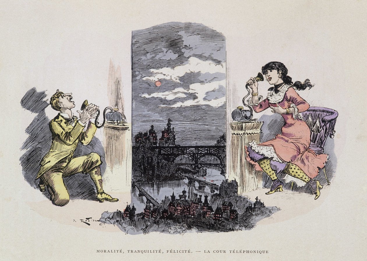 Morálka, klid, blaženost - Telefonní soud, karikatura Robida, sd. 19. století od Albert Robida