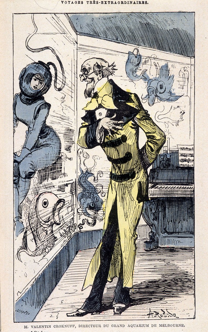 Pan Valentin Croknuff, ředitel velkého akvária v Melbourne, parodie na Julese Verna, „“Velmi mimořádné cesty Saturnina Farandoula do 5 nebo 6 částí světa a do všech zemí, které pan Jules Verne zná či nezná“, Robida, Paříž od Albert Robida