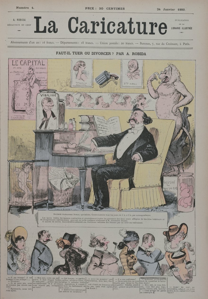 Vražda nebo rozvod, obálka "La Caricature", na níž je Alexandre Dumas Fils (1824-95) vyobrazen jako "odborník" na manželská dramata, 1. ledna 1880 od Albert Robida