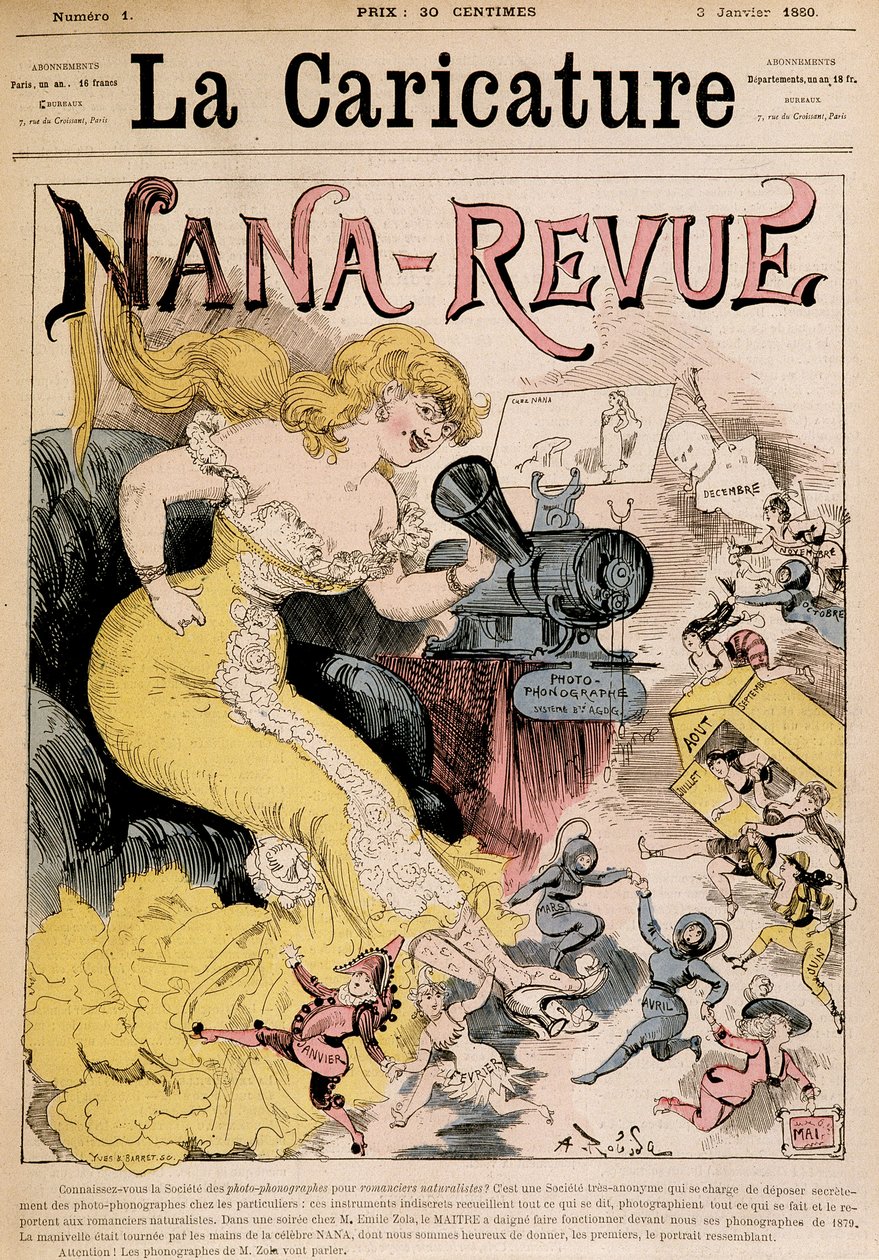 Nana-Revue: karikatura o Zole a jejím díle „“Nana““ od Robidy – v „“La Caricature“““ z 3.1.1880 od Albert Robida