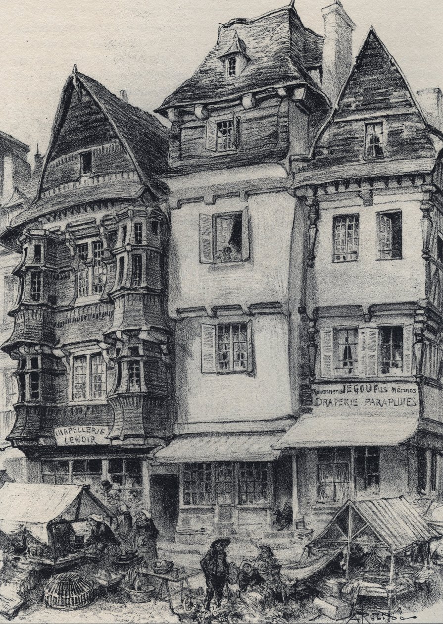 Place du marche v Lannionu - Stará Francie - Bretaň - text, kresby a litografie, Albert Robida (1848-1926) nedatováno konec 19. stol. od Albert Robida