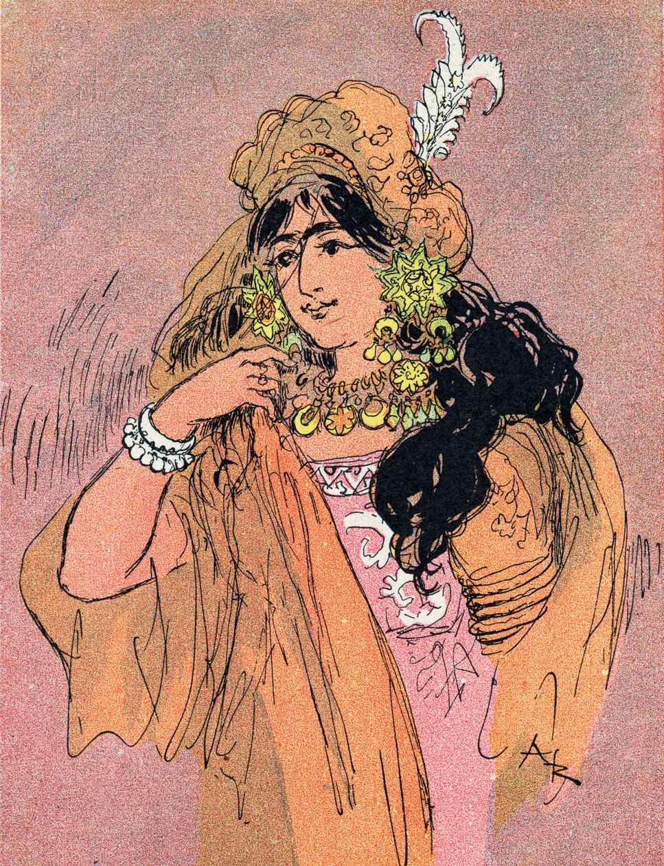 Portrét princezny Bradoulboudour (Portrét princezny Badroulbadour) Ilustrace Albert Robida (1848-1926) k pohádce „Aladin a nádherná lampa“ v „“les mille et une nuits““ (ilustrace k pohádce „“Aladdin““ v ““ Kniha One Tho od Albert Robida