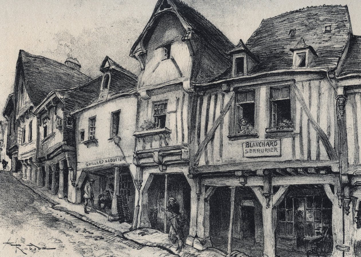 Rue Poterie a Fougeres v departementu Ille-et-Vilaine - La vieille Francie - La Bretagne - text, kresby a litografie, Albert Robida (1848-1926) od Albert Robida