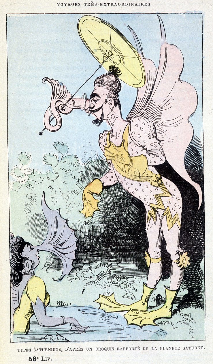 Saturnské typy z hlášeného náčrtu planety Saturn (pseudoantropologické groteskní nestvůry), parodie na Julese Verna, „“ Velmi mimořádné cesty Saturnina Farandoula v 5 nebo 6 částech světa a ve všech zemích známých i neznámých M. od Albert Robida