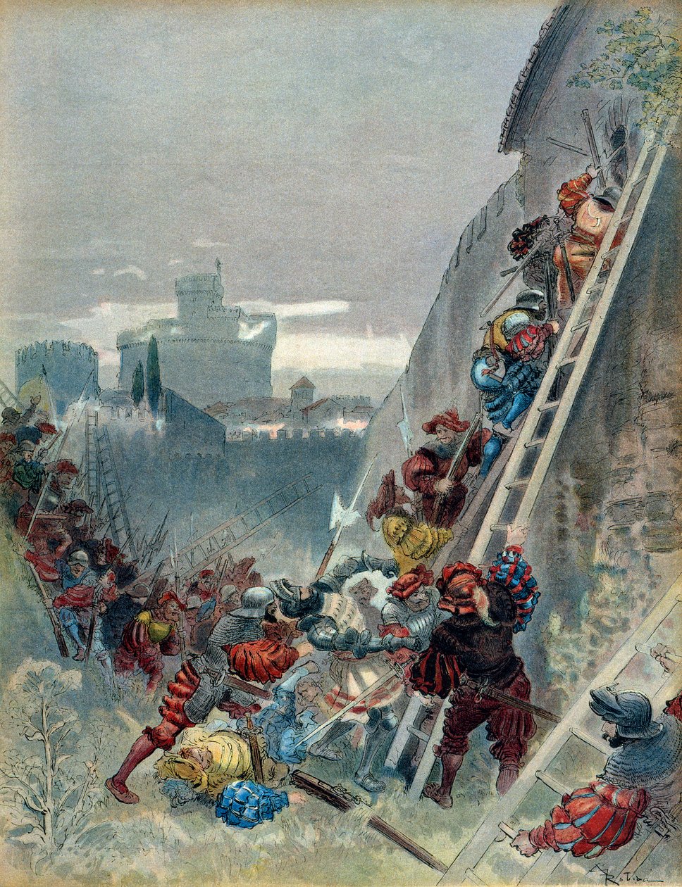 Sedmá italská válka (1526-1529): Smrt Karla III. Bourbonského (1490-1527) při obléhání Říma dne 6. května 1527. Ilustrace od Albert Robida