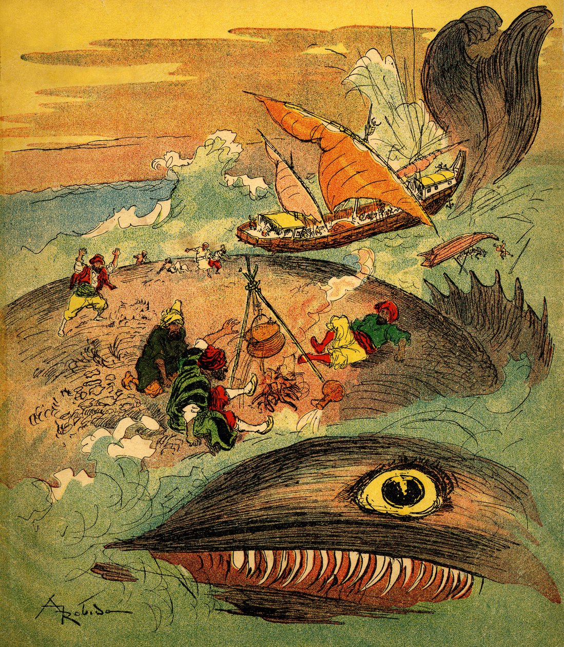 Sindibad námořník (Sindibad) - příběh tisíce a jedné noci (1001) - kniha z roku 1948 vyprávějící jeho dobrodružství (edice Fortin, sbírka Wonderful Imaging of dětství) - ilustrace Albert Robida (1848 - 1926): Sindibad a jeho společníci mají nepodařilo od Albert Robida