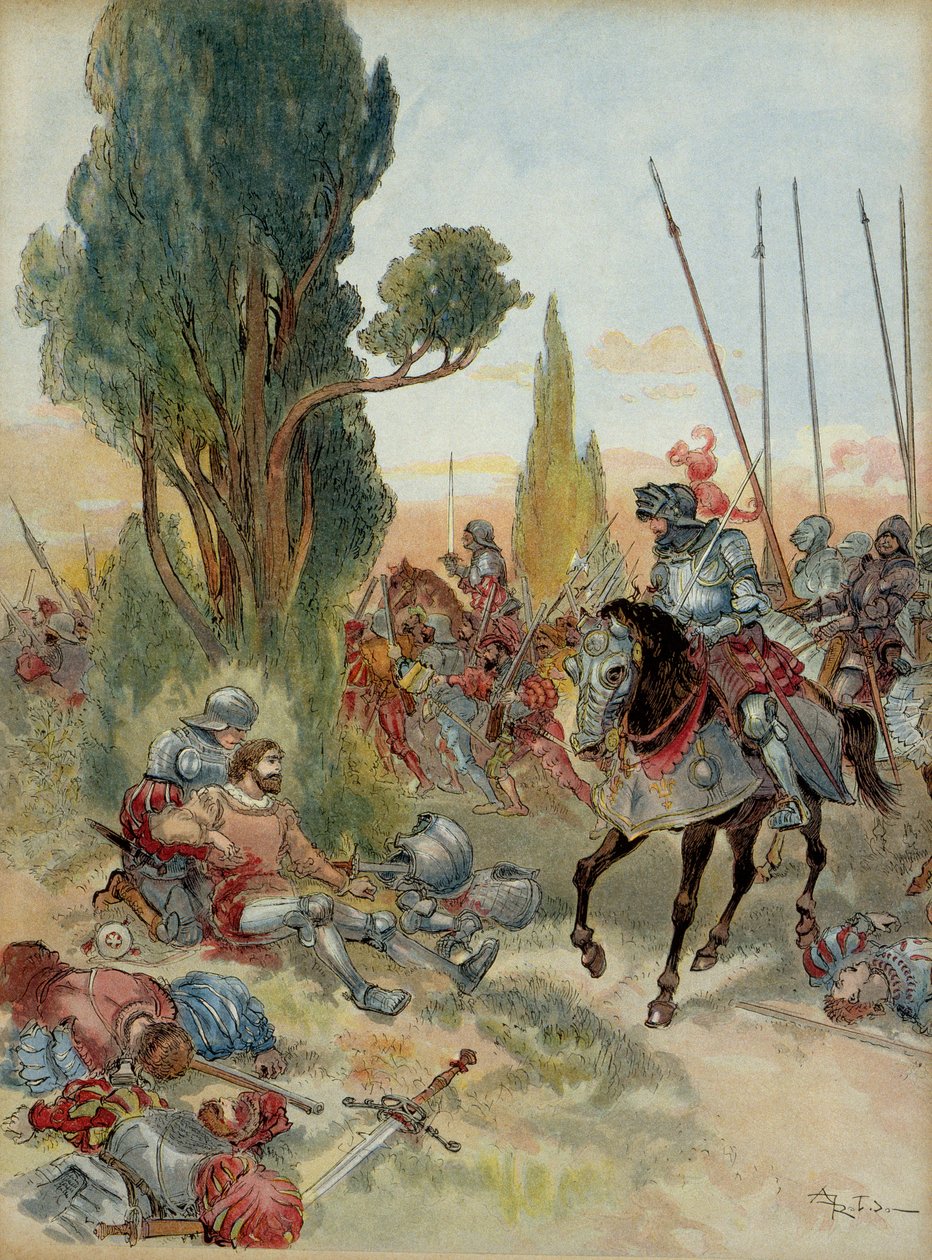 Šestá italská válka (1521-1526): Smrt Pierra Terraila de Bayarda (1476-1524), zraněného při úderu arkebusy v Rebecu (Itálie), v roce 1524 mu čelil Charles de Montpensier, spojovatel z Bourbonu (1490-1527). . Ilustrace od Albert Robida