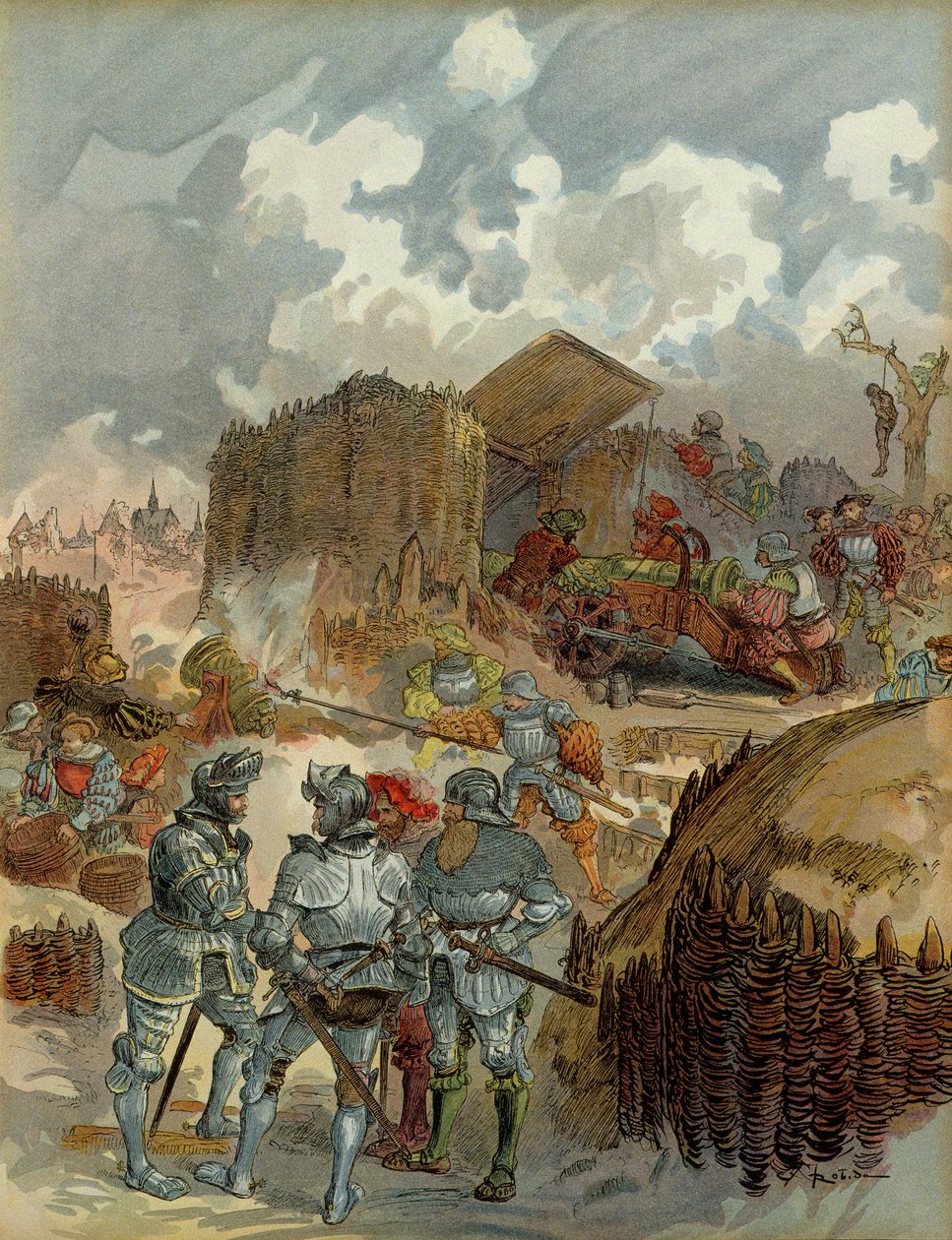Šestá italská válka (1521-1526): Pierre Terrail de Bayard (1476-1524) v sídle Mezieres v roce 1521. Ilustrace od Albert Robida