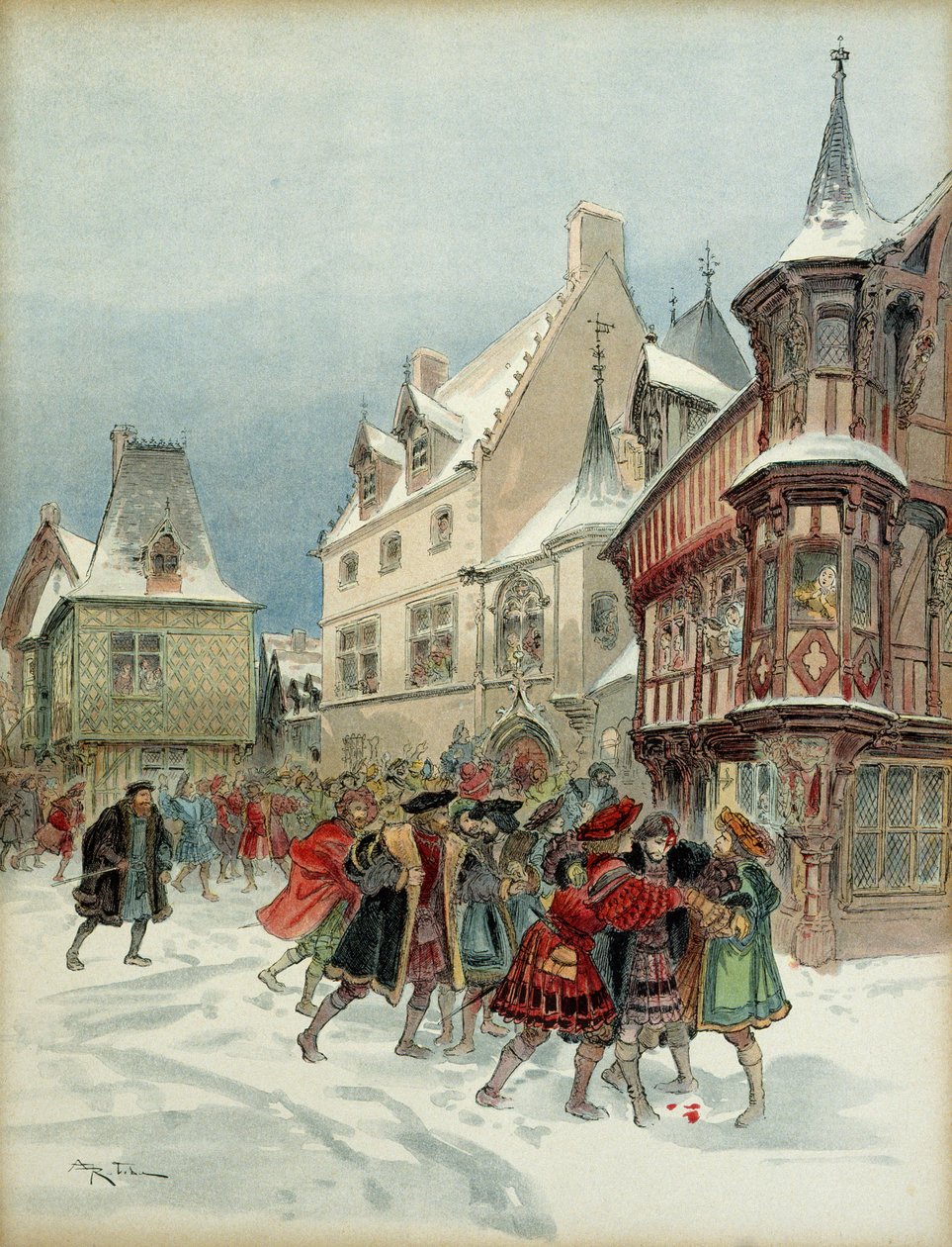 Bitva sněhovou koulí v Romorantinu (Francie). Král Francois I. (1494-1547) zranil při útoku na rezidenci Saint Pol 6. ledna od Albert Robida