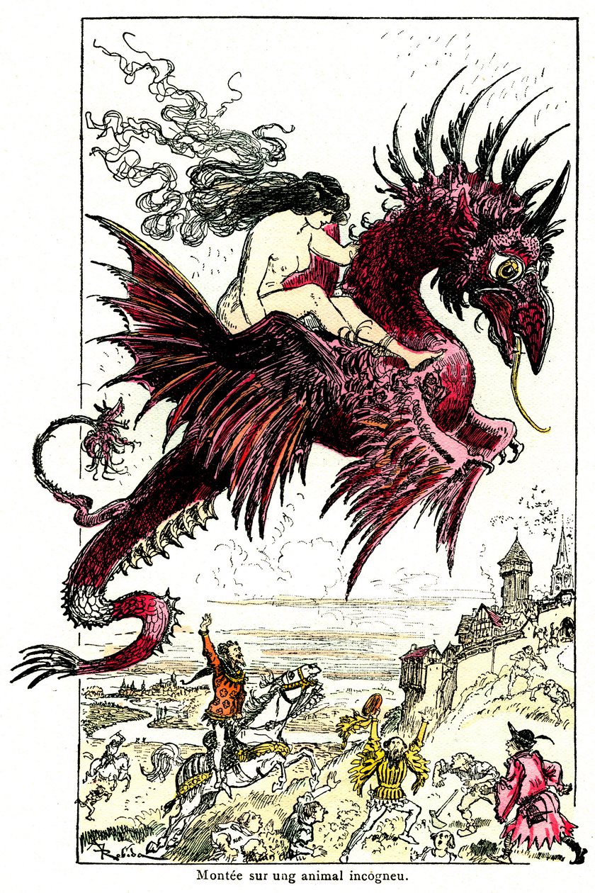 Succubus: ženský démon (žena - žena) jedoucí na drakovi - ilustrace Alberta Robidy k Drolatic Tales od Honore de Balzaca - začátek 20. století od Albert Robida