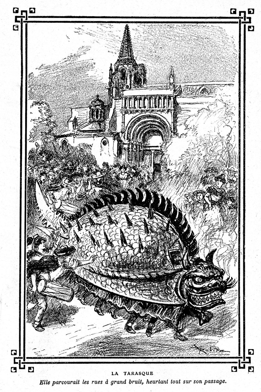 Tarasconův Tarasque, pohádkové monstrum z folklóru Provence: ilustrace Albert Robida školní knihy „Volba četby“ od A Mironneau, Librairie Armand Colin 1911 - od Albert Robida