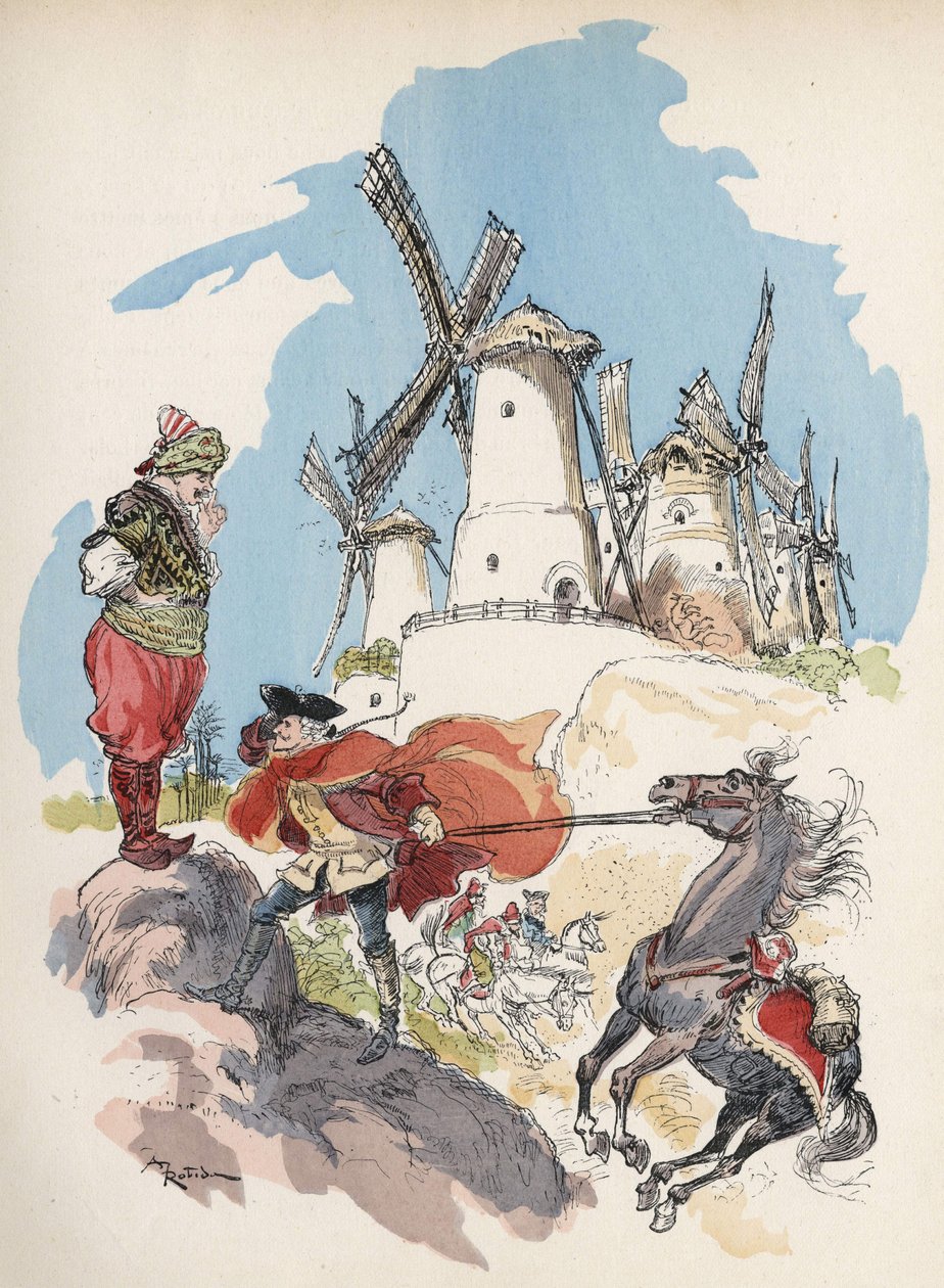 Baron de Munchausen, který právě překročil egyptské hranice, je chycen v bouři vyprovokované velkou postavou, aby rozběhla 7 mlýnů. “” Ilustrace Albert Robida – v “”Historie a dobrodružství barona de Munchausen”” (Munchhausen), H. Laurens Ed., poz. od Albert Robida