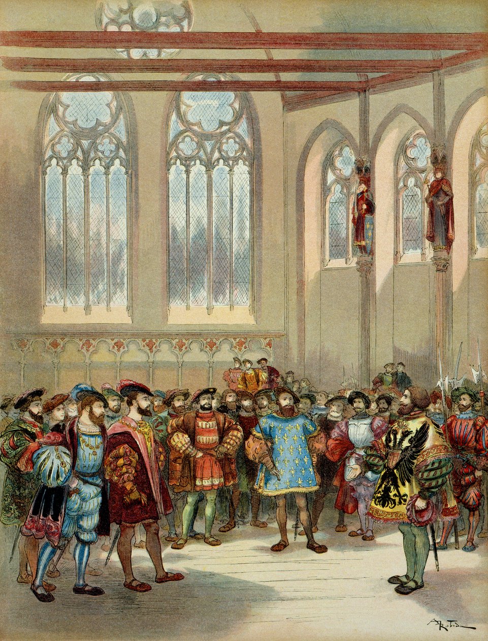 Burgundského herauta, vyslaného Karlem V. (1500-1558), přijal František I. (1494-1547) ve velkém sále parlamentu v Paříži v první polovině 16. století. Ilustrace od Albert Robida