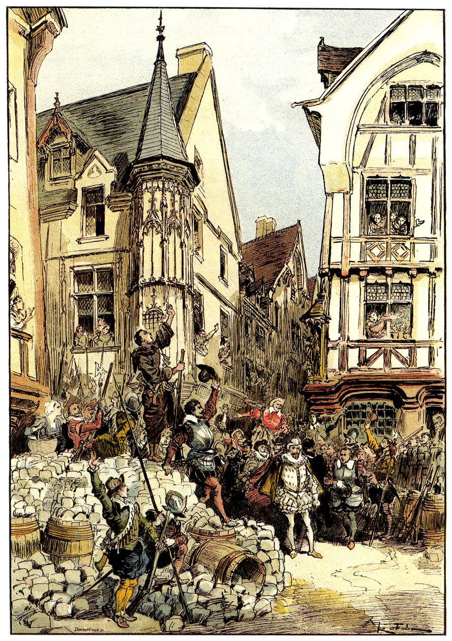 Vévoda de Guise v den barikád v Paříži, povzbuzován davem a vojáky pluku Gardes Francaises. od Albert Robida