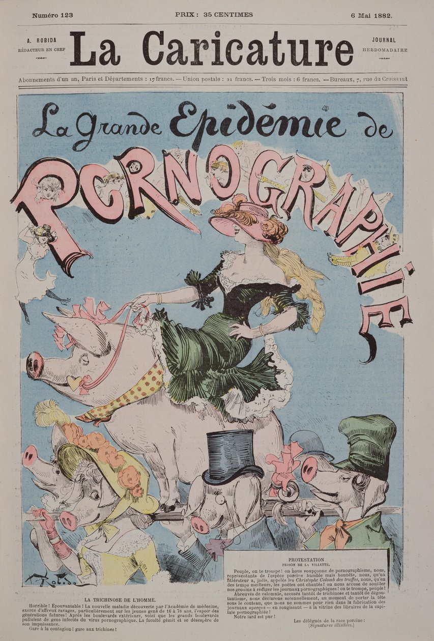 „Velká epidemie pornografie“, titulní ilustrace časopisu „La Caricature“, 6. května 1892 od Albert Robida