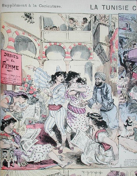 „Práva žen“ v Tunisku, karikatura z „Le Caricature“ 1883 (barevné lito) od Albert Robida