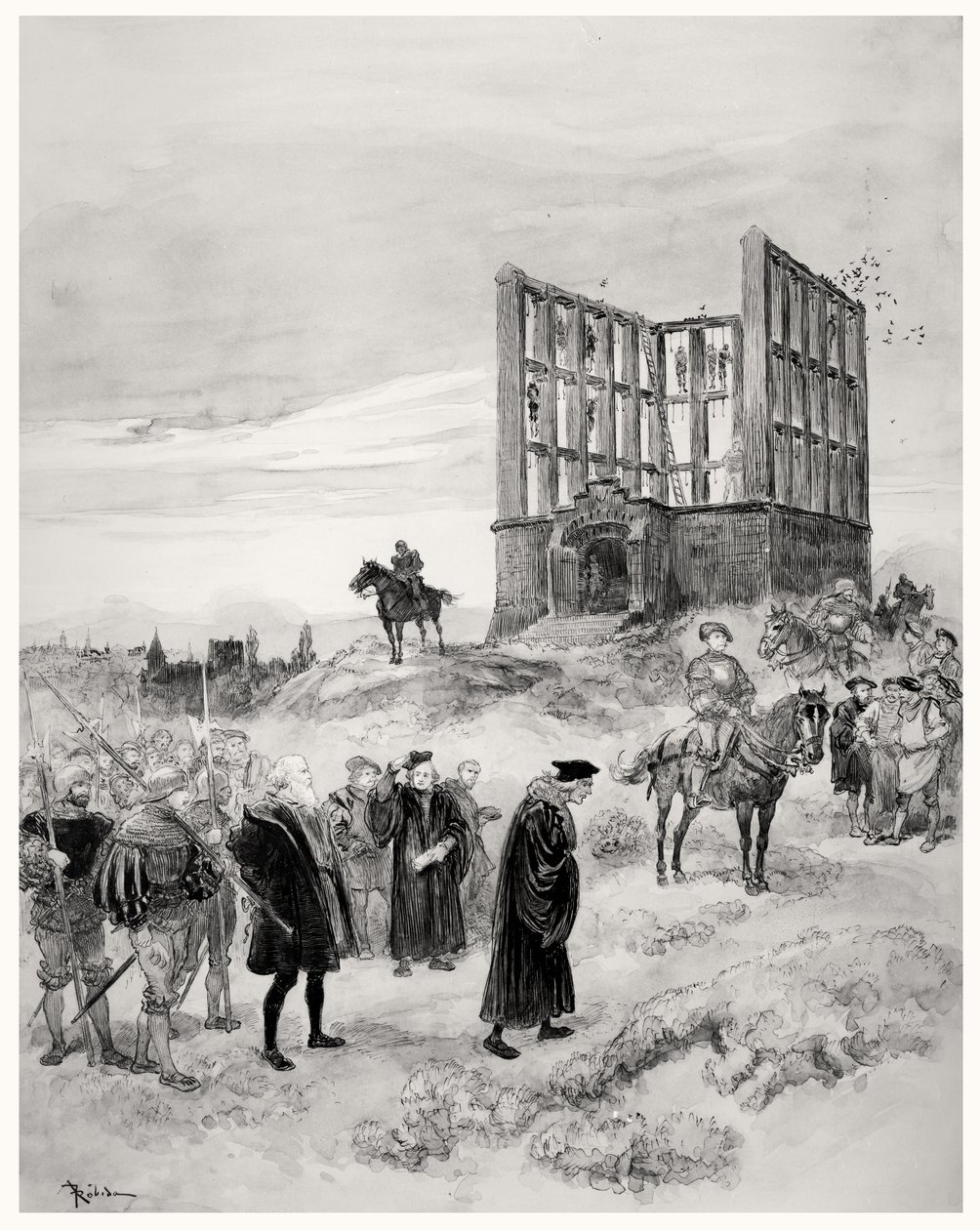 Superintendant Jacques de Semblancay (asi 1445-1527) odsouzen k smrti na Montfaucon Gibbet, 1909 (wc na papíře) od Albert Robida