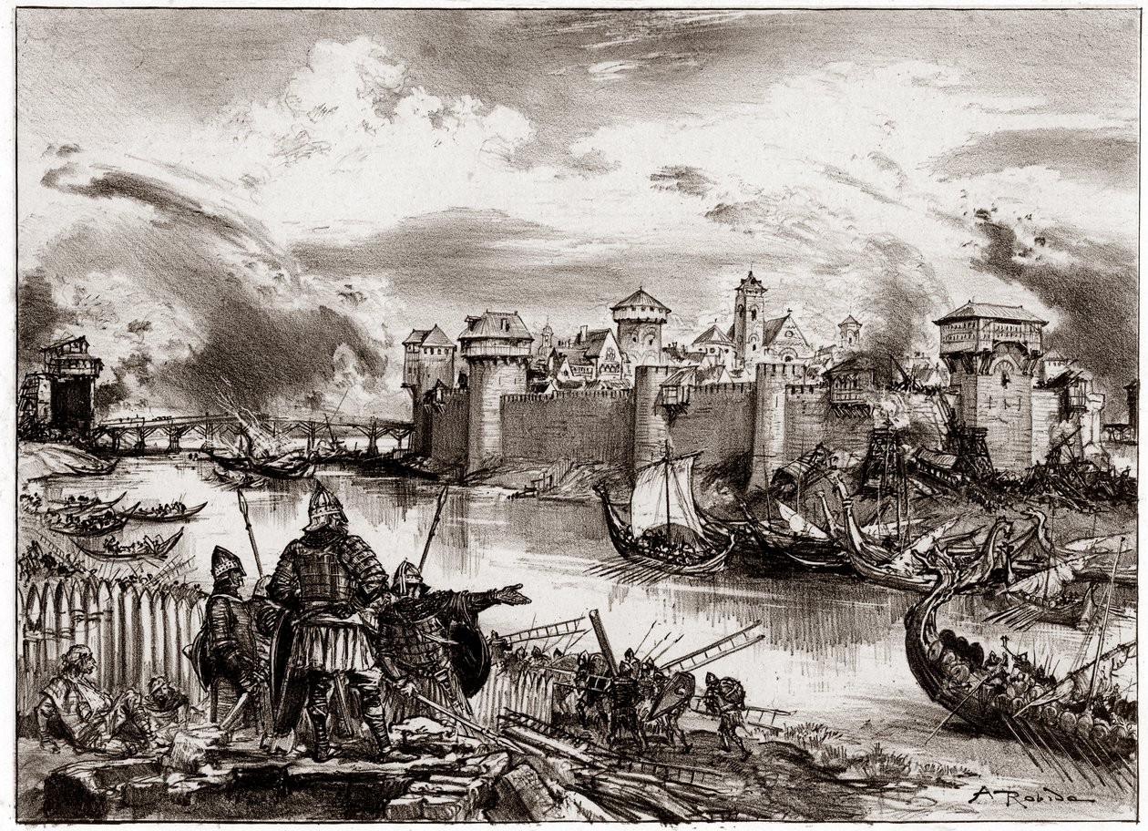 Vikingové, normanští piráti pod vedením svého vůdce Siegfrieda, obléhají Paříž (rytina) od Albert Robida