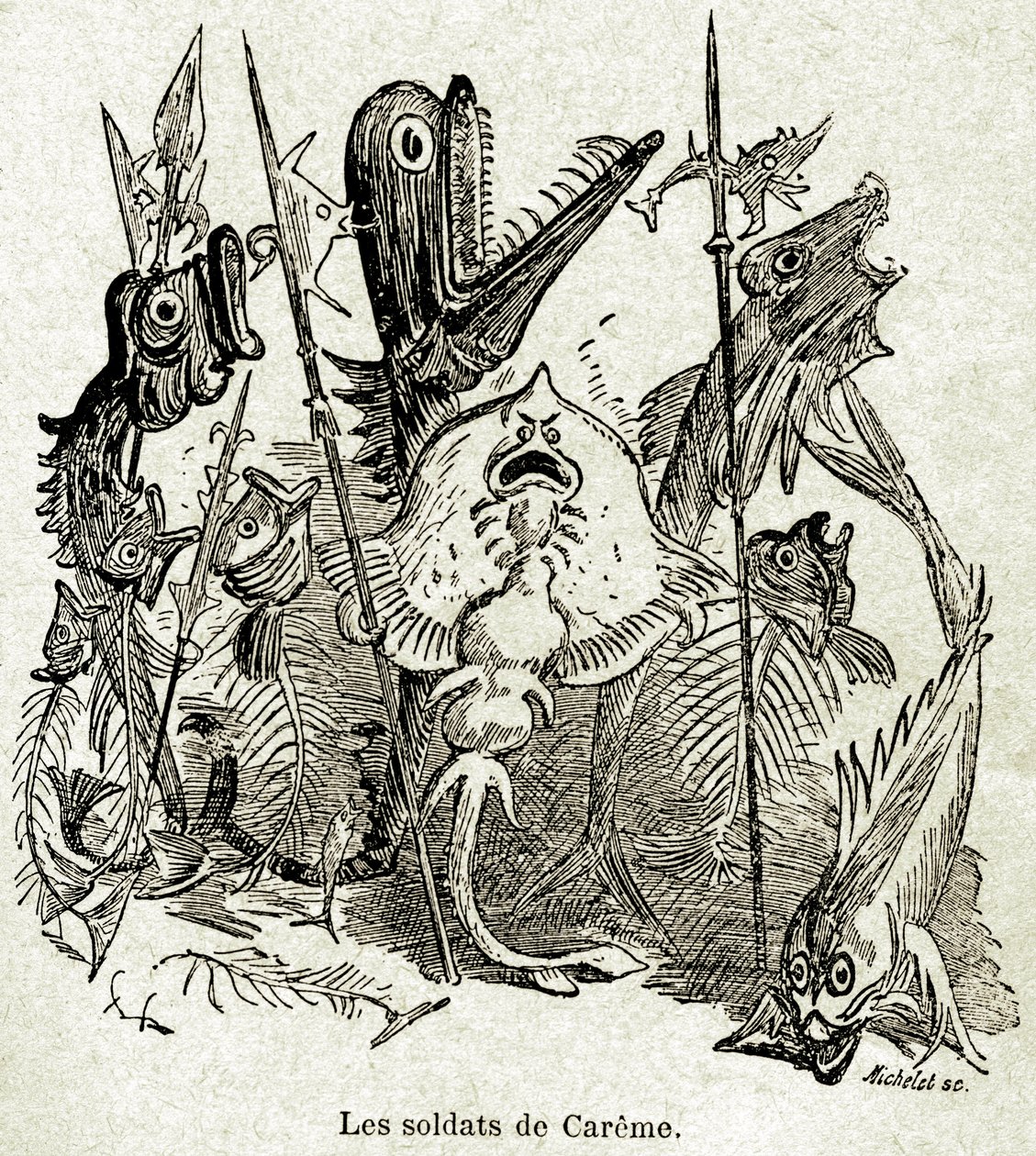 Armáda Quaresmeprenantů. Vojáci jsou reprezentováni jako ryby, z nichž některé mají pouze aretes, s odkazem na Caremeovo libové (mladé) jídlo. Ilustrace Albert Robida (1848-1926) k epizodě Fourth Livre od Francoise Rabelaise - Librairie Arm od Albert Robida